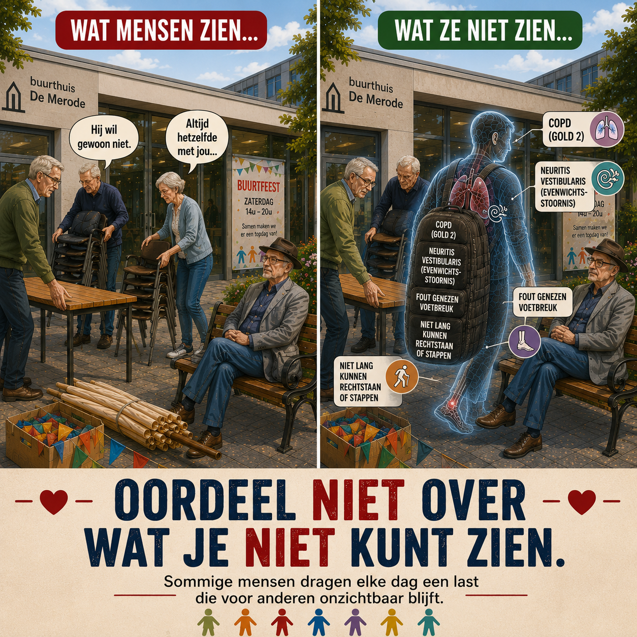 Tweeluik waarin mensen iemand beoordelen omdat hij niet meehelpt, terwijl zijn COPD, evenwichtsstoornis en voetbeperking onzichtbaar blijven.
