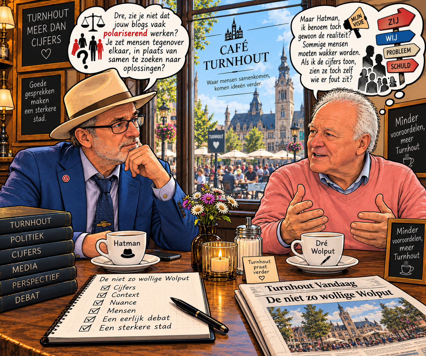 Cartoon van Hatman en Dré Wolput aan een cafétafel met zicht op de Markt van Turnhout. Hatman bevraagt hoe cijfers en conclusies kunnen bijdragen aan vooroordelen en polarisatie.