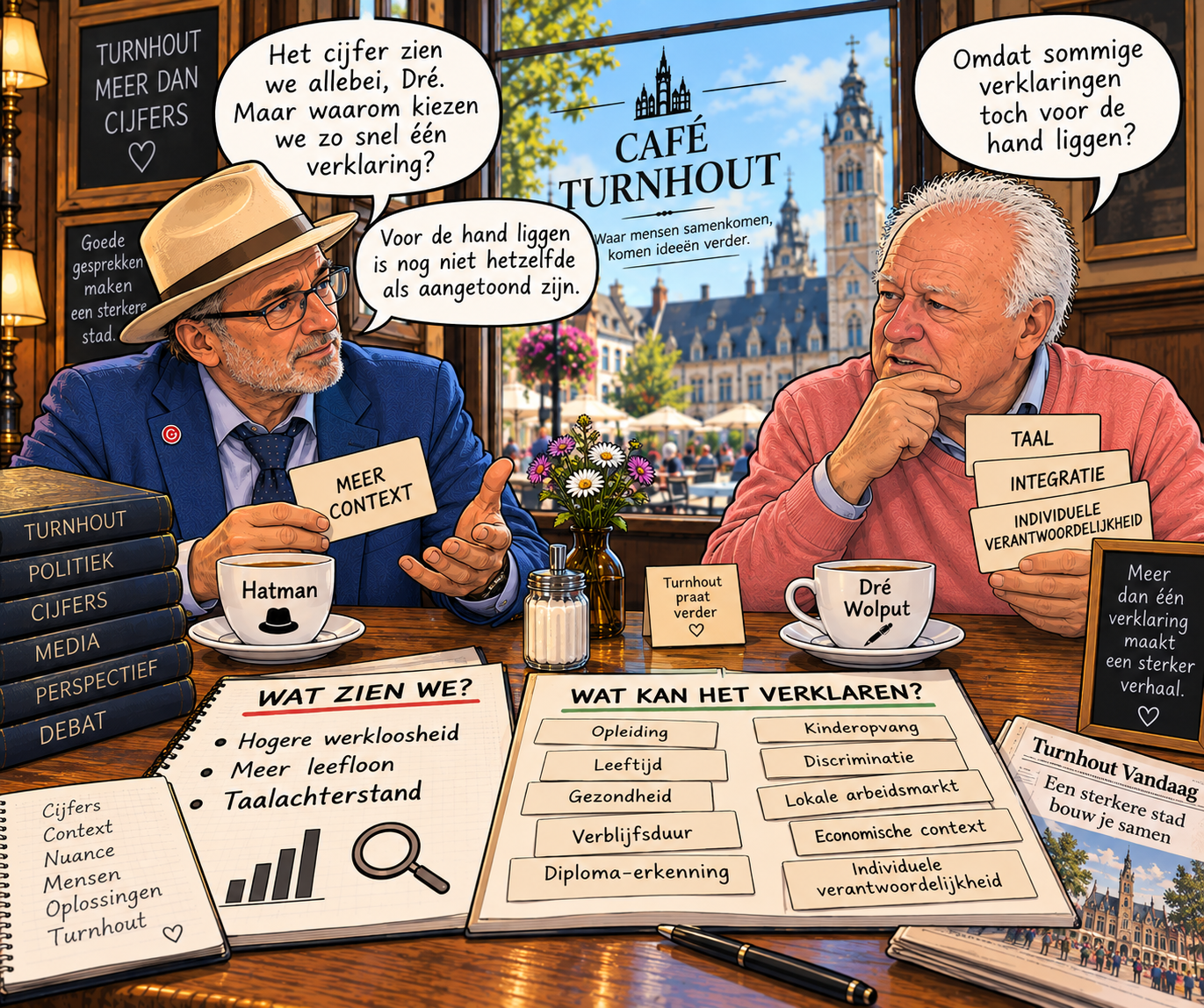 Cartoon van Hatman en Dré Wolput in een café in Turnhout. Ze bespreken werkloosheid, leefloon en mogelijke verklaringen zoals opleiding, gezondheid, taal en discriminatie.