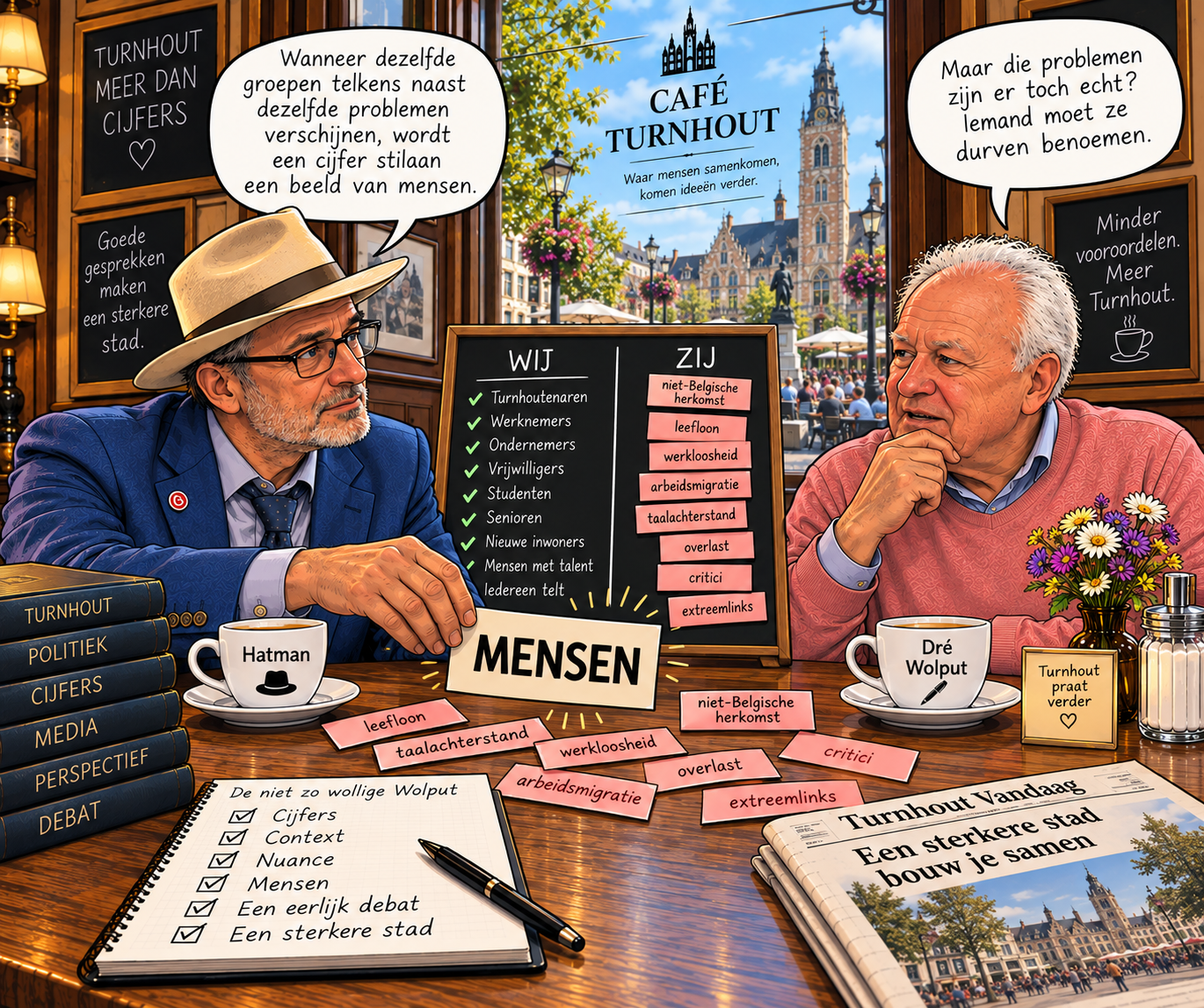 Cartoon van Hatman en Dré Wolput in een café in Turnhout. Hatman verwijdert etiketten van een bord met ‘wij’ en ‘zij’ en benadrukt dat achter statistieken mensen staan.
